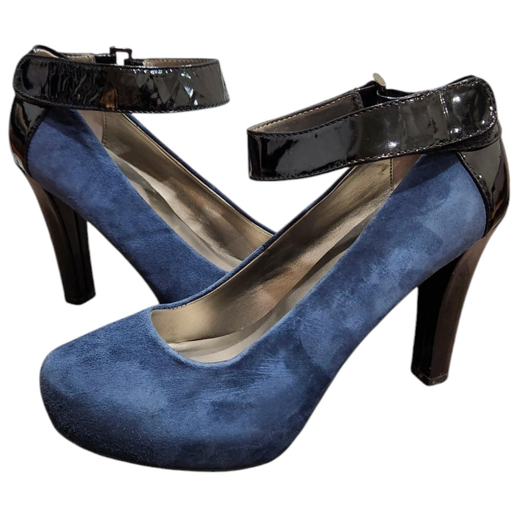 Me Too Blue Black Suede Ankle Strap Heels Rounded Toe Pumps 6.5
